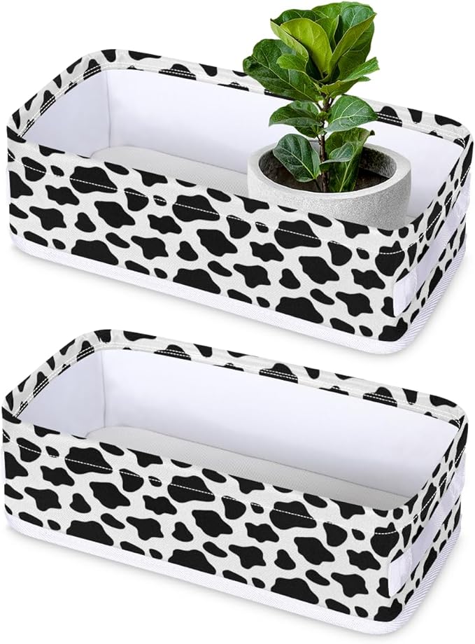 Cow Print Bathroom Basket Foldable Toilet Tank Topper Paper Basket Waterproof Fabric Storage Organizer Bins Decorative Open Storage for Home Closet Containers Cabinet Set of 2
