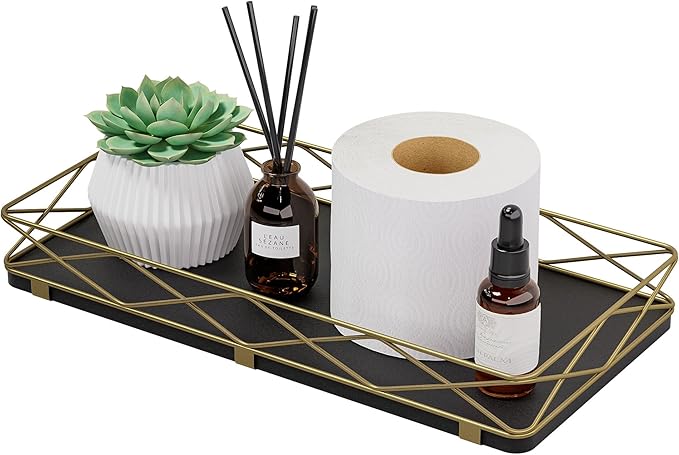 Toilet Paper Basket Holder, 13" Toilet Tank Tray, Wood and Metal Toilet Tray Vanity Organizer Bathroom Tray, Kitchen Sink Organizer for Soap Dispenser (Black + Gold)