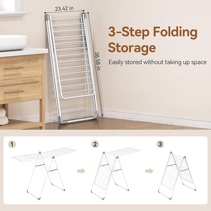 APEXCHASER Clothes Drying Rack, Foldable Drying Rack Clothing, Sturdy Metal Laundry Drying Rack, Height-Adjustable Gullwing, Easy to Fold, Space-Saving, for Indoor Outdoor, White