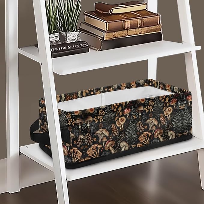 Storage Bins for Organizing Toiletries Foldable Organizer Rectangular Storage Basket for Bathroom Bedroom Office Home Accessories and Decor, Mushroom Leaf Black