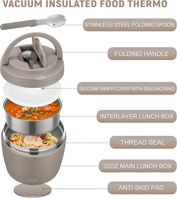 Itslife 32oz Insulated Soup Thermos, Vacuum Stainless Steel Food Jar for Hot & Cold Food, Leakproof Wide Mouth Lunch Container with Spoon, Khaki