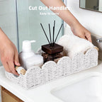 CubesLand Bathroom Basket Organizer w/Cut Out Handle, Back of Toilet Paper Storage Baskets Tray for Bathroom Countertop Decorative, Scalloped Wicker Basket Also for Home Decor, Living Room, White