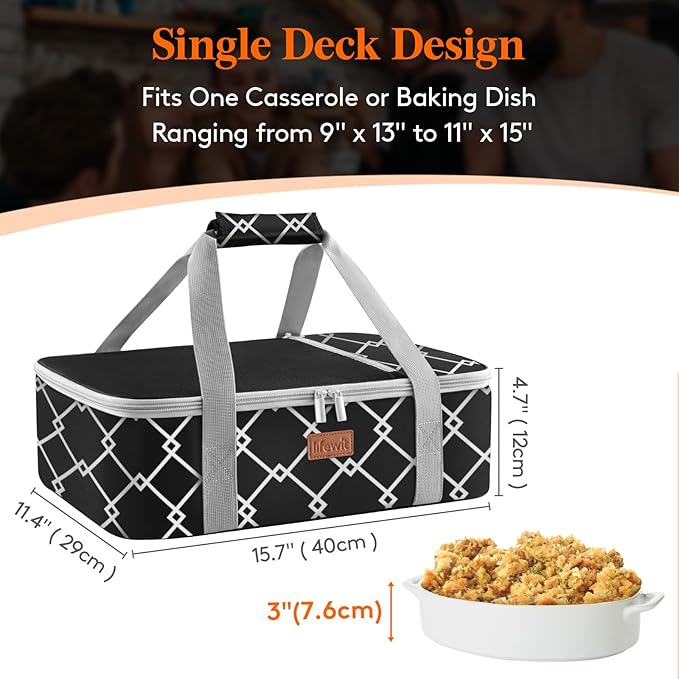 Lifewit Insulated Single Decker Casserole Carrier, Lasagna Lugger Holder for Hot or Cold Food, Fits 9" x 13" Baking Dish, Thermal Lunch Tote Bag for Potluck Parties, Picnic and Cookouts, Black