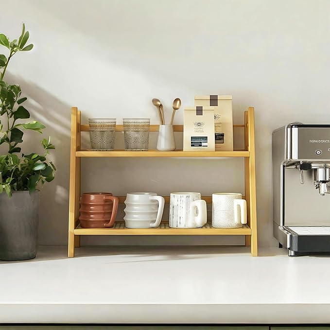 Coffee Station Organizer, Bamboo Mug Holder Countertop, Kitchen Counter Shelf for Tea Coffee Bar Accessories, Matcha Stand, Cup Display, Condiment Storage Rack (patent pending)