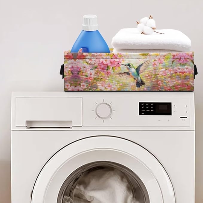 Small Storage Bin Narrow Toilet Paper Tissue Baskets Foldable Fabric Organizers Bathroom Bedroom Decorations Closet Countertop Vanity Baskets, Spring Style Hummingbird Flower