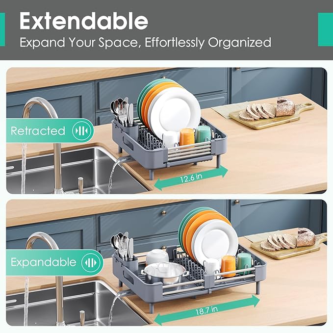 TOOLF Dish Drying Rack with Drainboard, Extendable Dish Rack for Kitchen Counter, Expandable Dish Drainer, Dish Strainer, Foldable Home Countertop Plate Storage Rack with Cutlery Holder, Gray
