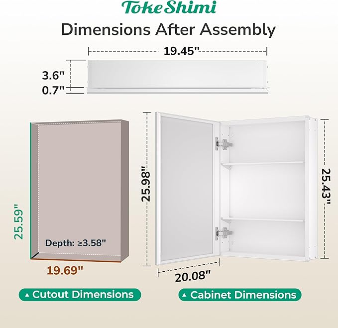 TokeShimi 20 x 26 Recessed Medicine Cabinet with Mirror, Assembly Required, Frameless Medicine Cabinet for Bathroom, Tempered Beveled Mirror, Stepless Adjustable Shelves, DTC Hinge