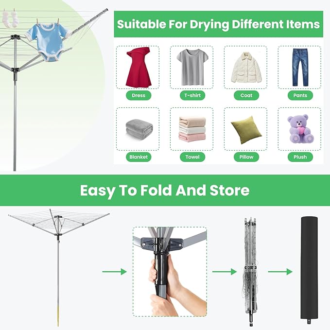 Outdoor Umbrella Drying Rack, 4-Aluminum Arms Folding Rotary Dryer with 12 Lines 165 ft Drying Space Adjustable Height Clothesline w/Waterproof Cover & Ground Spike for Garden Backyard(Grey)
