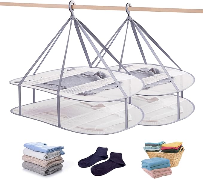 2 Tier Folding Mesh Clothes Drying Rack with Internal Fixation Stackable Sweater Drying Rack Portable Hanging Laundry Rack for Sweater,T-Shirt,Delicates,Swimsuit (2 Pack)