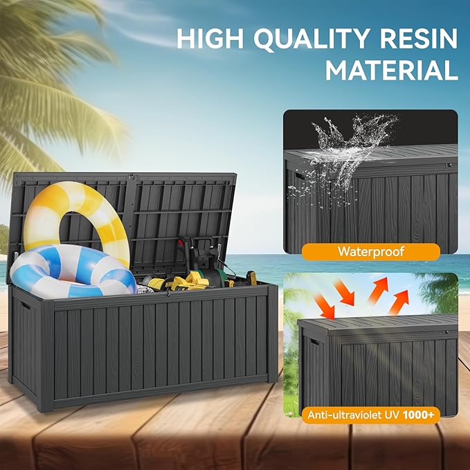 220 Gallon Outdoor Storage Box, Resin Deck Boxes Outdoor Waterproof For Patio Furniture, Garden Tools, Pool Supplies, Lockable And UV Resistant (Striped Black)