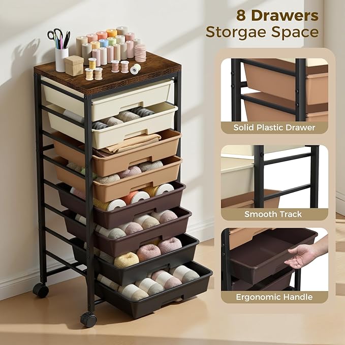 Rolling Cart with 8 Drawers, Plastic Drawer Storage Carts with Wheels & Wooden Tabletop, Metal Utility Cart Organizer for Bedroom Living Room Office Classroom Craft Organization and Storage, Brown