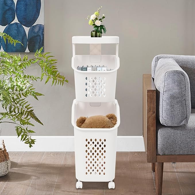 Tiered Laundry Storage Organizer Tiered Laundry Hamper Sorter Bathroom Laundry Basket with Wheels Removable Plastic Storage Basket for Kitchen (2-Tier)