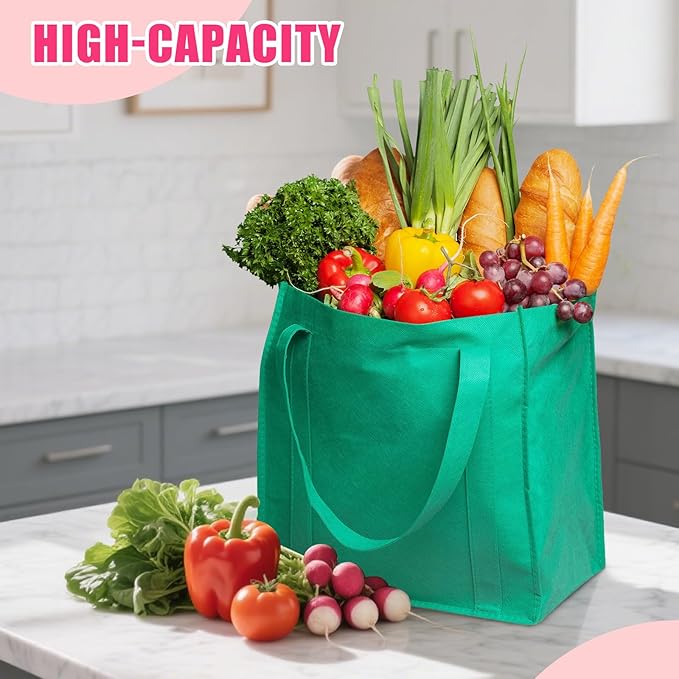 12 Pack Heavy Duty Reusable Grocery Bags - Large Shopping Totes Reinforced Handles, Holds 40 lbs, Foldable and Washable (Red)