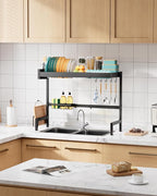 Over The Sink Dish Drying Rack, Expandable 2-Tier Stainless Steel Kitchen Storage Organization Accessories for Countertop, Rustproof & Space-Saving, 30"–34.5" L x 12" W x 25" H, Black