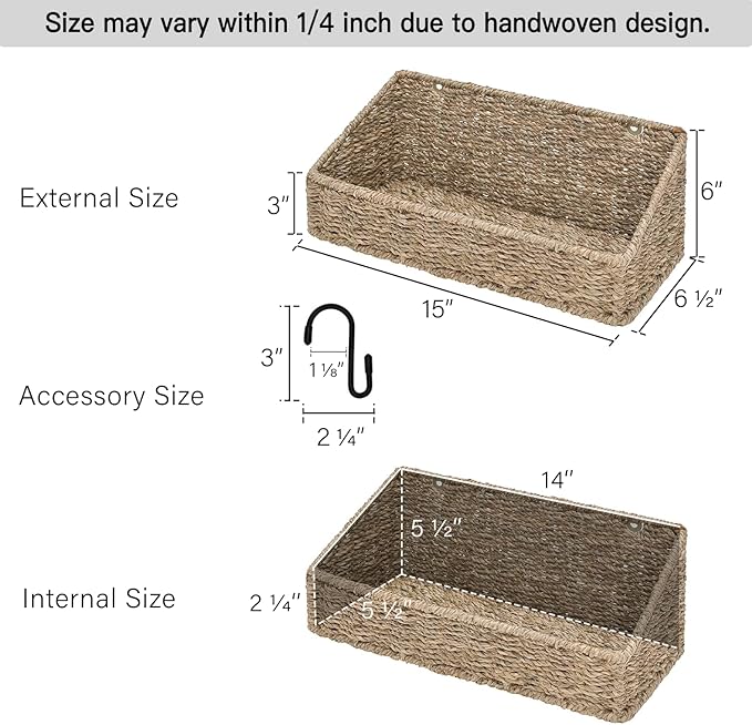 StorageWorks Woven Wall Baskets for Storage, Seagrass Baskets for Shelf, Wall Storage for Kitchen and Bathroom, Hanging Baskets for Organizing, 2 Pack