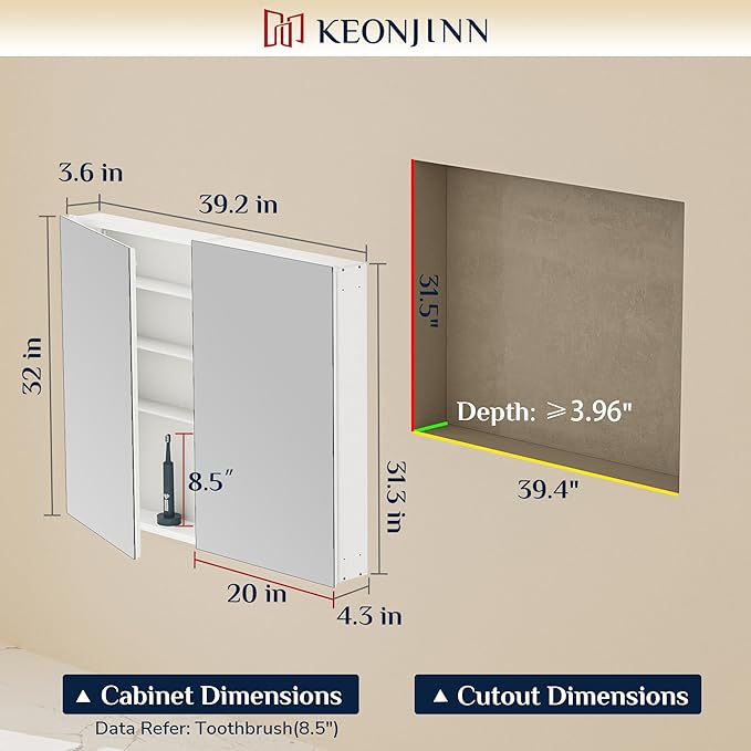 Keonjinn 40 x 32 Inch Large Medicine Cabinet for Bathroom, Silver Lightweight Combined Double Doors Mirrored Cabinet, Assembly Needed, Recessed or Wall Mount, Flexiable Ample Storage, Soft Closing