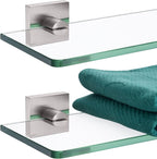 KOKOSIRI Glass Shelf for Bathrooms Floating Shelves Wall Mount 16-Inch for Shower Storage Kitchen Rack, 2 Pack Brushed Stainless Steel B1107BR-L16-P2