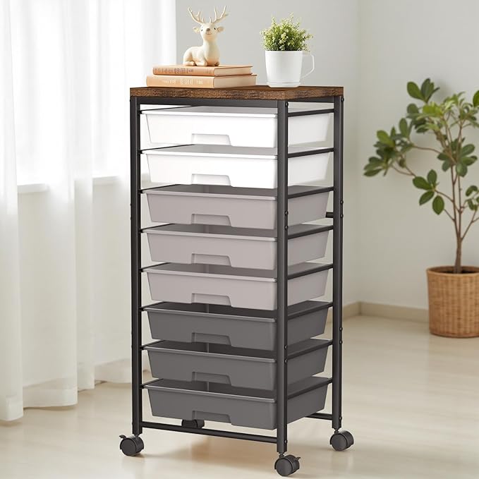 Rolling Cart with 8 Drawers, Plastic Drawer Storage Carts with Wheels & Wooden Tabletop, Metal Utility Cart Organizer for Bedroom Living Room Office Classroom Craft Organization and Storage, Grey