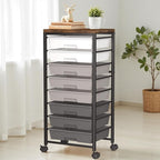 Rolling Cart with 8 Drawers, Plastic Drawer Storage Carts with Wheels & Wooden Tabletop, Metal Utility Cart Organizer for Bedroom Living Room Office Classroom Craft Organization and Storage, Grey