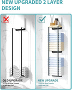 Towel Racks for Bathroom, 2 Tier Wall Towel Holder with Wood Shelf, Metal Wall Mounted Towel Rack Bathroom Organizers and Storage, Black