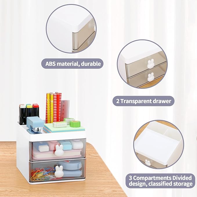 LETURE Small Desk Organizer With Drawer, Office Desktop Storage Box, Business Card/Pen/Pencil/Mobile Phone/Stationery Holder Storage Box, Makeup Organizer for Office School Home (Pink)