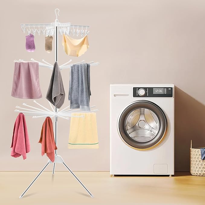3-Tier Foldable Clothes Drying Rack, Rotating Clothing Rack w/Three-Legged Base, 24 Clips Large Capacity Indoor Clothes Airer for Scarves, Towels, Socks, Underwear