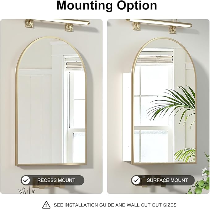 Recessed Medicine Cabinet with Mirror,Brushed Gold Arched Medicine Cabinets for Bathroom,in Wall Bathroom Cabinet with Mirror,Mirrored Medicine Cabinets Wall Mounted 20x30