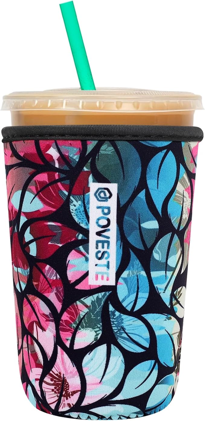 Reusable Neoprene Insulator Sleeve for Iced Coffee & Cold Soda, Coffee Sleeves for Iced & Hot Drinks, Cold Beverage Cooler Compatible with Starbucks, Dunkin (Blue&Pink Leave, Medium: 22-24oz)
