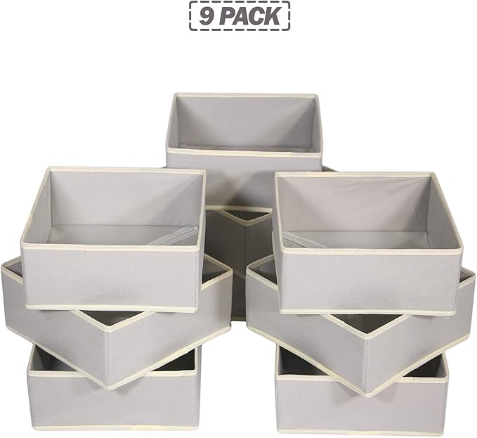 DIOMMELL Foldable Cloth Storage Box Closet Dresser Drawer Organizer Fabric Baskets Bins Containers Divider for Clothes Underwear Bras Socks Clothing,Set of 9 Grey 900