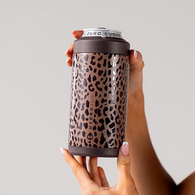 HydroJug Standard Can Cooler - 2-in-1 Insulated Can Cooler Cup - Stainless Steel Can Holder with Non-Slip Rubber Base - Screw-Top Lid - Dishwasher Safe - 16oz, Brown Leopard