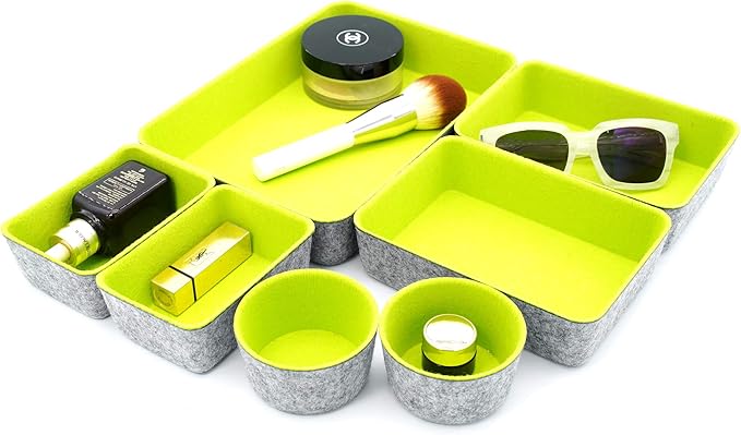 Welaxy Drawer organizer bin felt trays desk storage dividers for home office supplies Nightstand sort catchall entryway 7-piece Pack gift idea (Green)