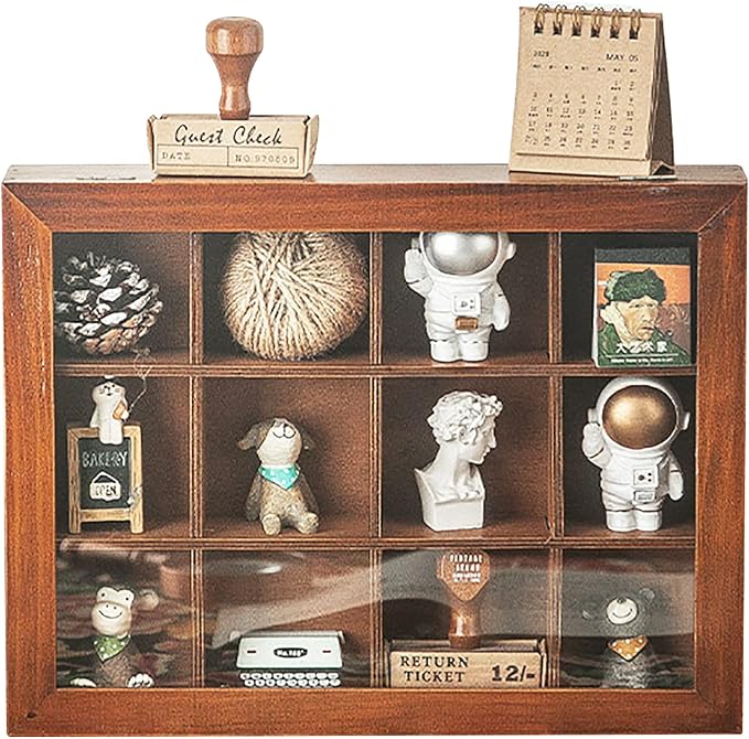 Mini Clear Display Wood Cabinet with 12 Slots - 10" x 15.5" Collectibles Display Case - Wooden Floating Shelves for Display & Home Decor - Vintage Style Wood Cubby Shelf with Front Clear Cover