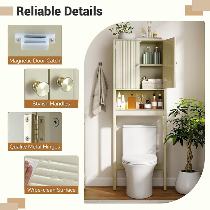 Giantex Over The Toilet Storage Cabinet, Bathroom Organizer w/Fluted Doors, Adjustable Shelf&Bottom Bar, Open Storage Cube, Space-Saving Above Toilet Storage Cabinet for Laundry (Cream White)
