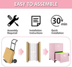 2 Drawer Rolling File Cabinet on Wheels, Mobile Two Drawer Filing Cabinet with Lock, Small Files Cabinets for Under Desk, Metal Filing Cabinets for Letter Size Folders, Pink - Assembly Required