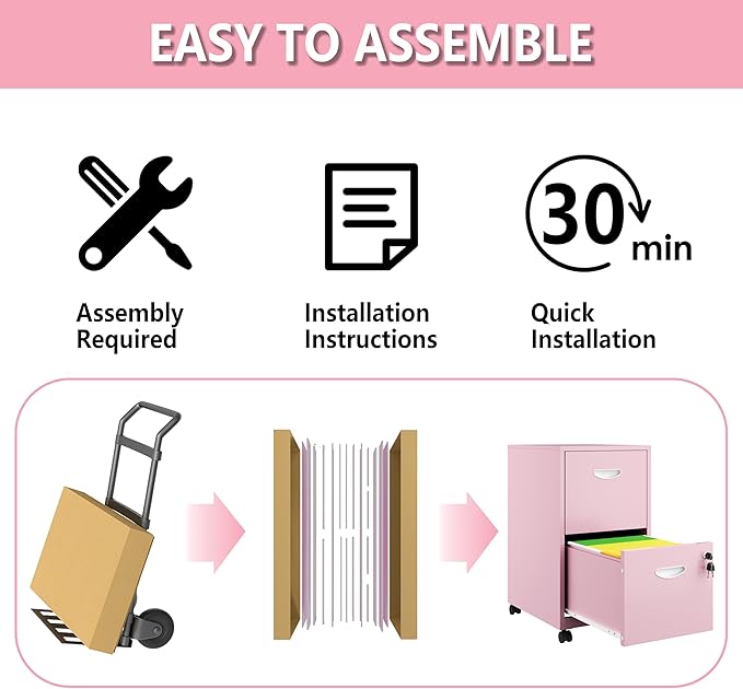 2 Drawer Rolling File Cabinet on Wheels, Mobile Two Drawer Filing Cabinet with Lock, Small Files Cabinets for Under Desk, Metal Filing Cabinets for Letter Size Folders, Pink - Assembly Required