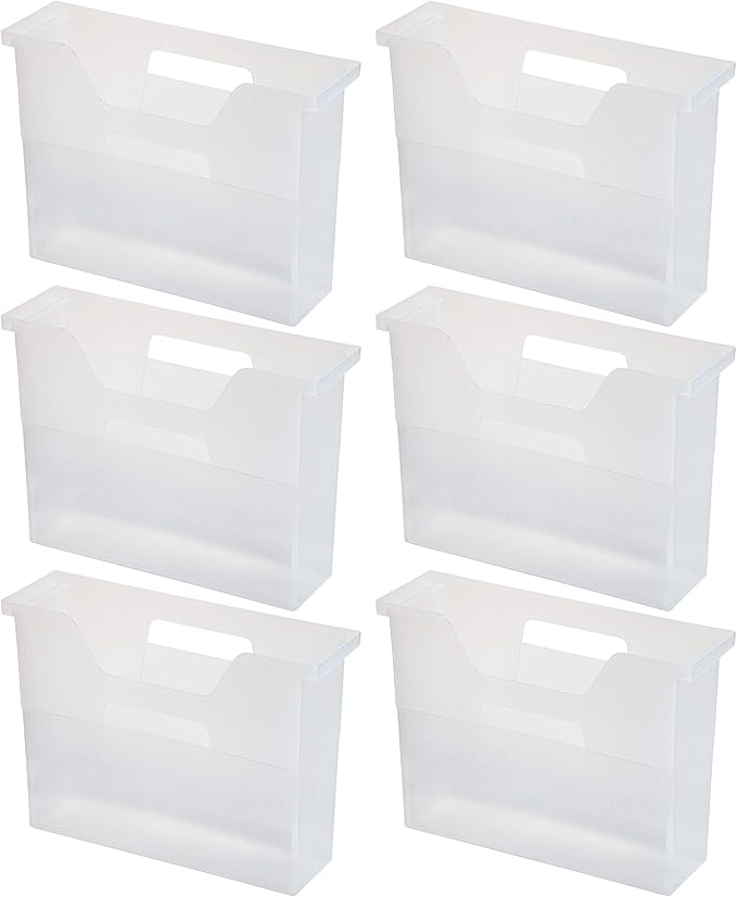 IRIS USA Small Portable Desktop File Box with Open Lid, 6 Pack, Side Handles, Hanging File Folders, Tabs & Inserts, Letter Size, Magazines, Newspapers, Mail, Books, Notebooks, Clear
