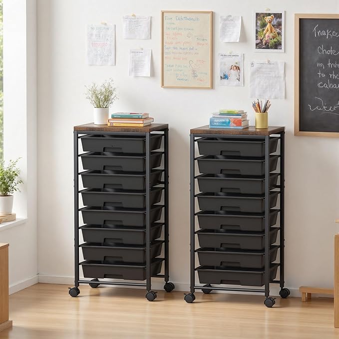 Rolling Cart with 8 Drawers, Plastic Drawer Storage Carts with Wheels & Wooden Tabletop, Metal Utility Cart Organizer for Bedroom Living Room Office Classroom Craft Organization and Storage, Black