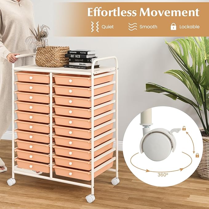 GOFLAME 20-Drawer Rolling Storage Cart, Multifunctional Art Craft Organizer Cart, Mobile Utility Storage Cart with Removable Drawers & Lockable Wheels, Craft Cart for Home Office, Peach Fuzz