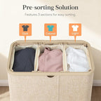 Lifewit 185L Large 3 Section Laundry Hamper with Lid, Plastic Laundry Basket with Bamboo Handles and Removable Bags, Tall Foldable Clothes Hamper for Bathroom Bedroom, Beige