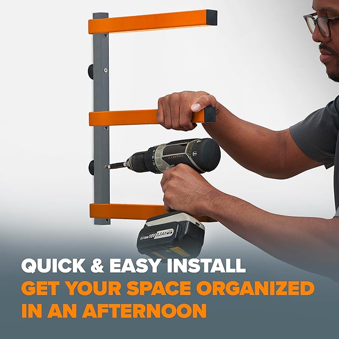 BORA 3-Level Wood Storage Rack, Wall-Mounted Hanging Shelf for Lumber, Garage Wall Storage, Space Saver for Workshop, Heavy Duty 300 lb Capacity, Metal Wood Rack System - PBR-0310, Orange/Black