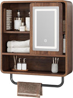QUW Modern Bathroom Wall Cabinet, Medicine Cabinets with Mirror, Over The Toilet Storage Cabinet for Bathroom, Towel Bar, Sliding Door, 3 Lighting Modes, Adjustable Brightness, Dark Walnut