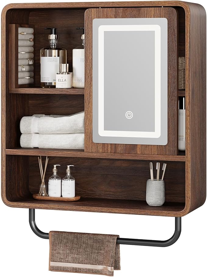 QUW Modern Bathroom Wall Cabinet, Medicine Cabinets with Mirror, Over The Toilet Storage Cabinet for Bathroom, Towel Bar, Sliding Door, 3 Lighting Modes, Adjustable Brightness, Dark Walnut