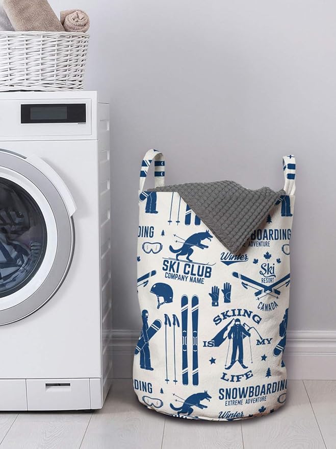 Ambesonne Ski Pattern Laundry Bag, Vintage Style Monochromatic Design of Skiing Themed Motifs, Hamper Basket with Handles Drawstring Closure for Laundromats, 13" x 19", Navy White