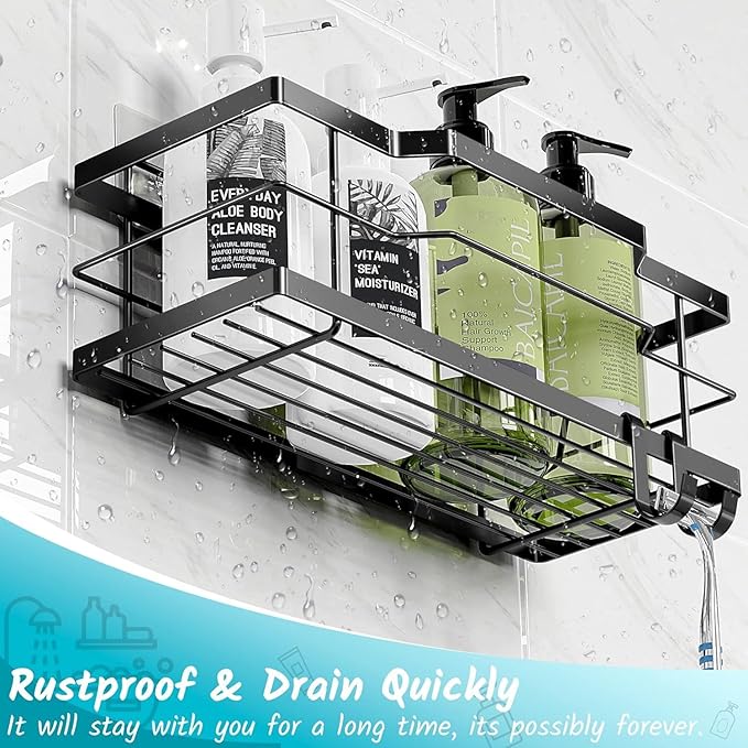 Moforoco Extra Large Shower Caddy Shelf Organizer Rack, Self Adhesive Black Bathroom Shelves Basket, Home Farmhouse Wall Inside Organization Storage Decor Accessories