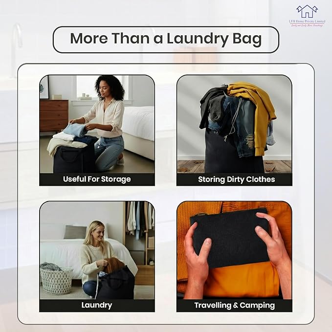 LFH Home Large Premium Cotton Canvas Laundry Bag with Drawstring and Handles Heavy Duty, Multi-Use, and Washable for Home, Travel, College or Storage 24x36 (Pack of 2)-Black
