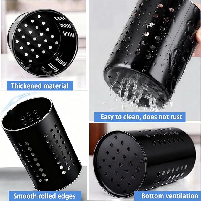 2PCS Stainless Steel Kitchen Utensil Holder, Utensil Caddy & Organizer for Drying Cooking Spoons Utility Sturdy Home Kitchen Daily Use Utensil Drainer (BLack)