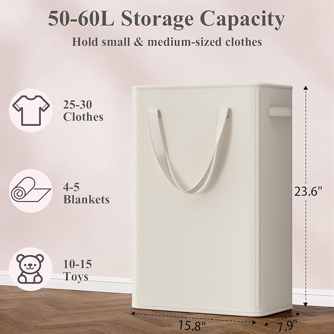 50L Baby Laundry Hamper for Nursery, Slim Laundry Hampery with Handles, Narrow Laundry Basket for Dorm, Bedroom, Living Room, Collapsible Laundry Basket, White