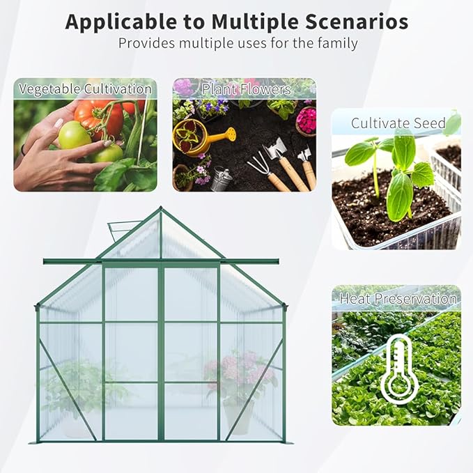 Double Sliding Door Polycarbonate Greenhouse with Rain Gutter and Roof Vent, Raised Base and Anchor Aluminum Heavy Duty Walk-in Green House, Outdoor Patio Sunroom (Green, 121.25*94.5*89.5in)