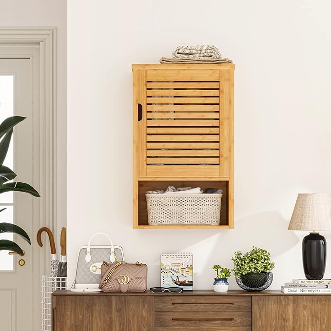VIAGDO Bathroom Wall Cabinet, Wooden Medicine Cabinet with Single Door and Adjustable Inner Shelf, Bamboo Storage Cabinet Wall Mounted, Over The Toilet Hanging Cupboard, 15.7’’Lx7.8’’Wx23.6’’H