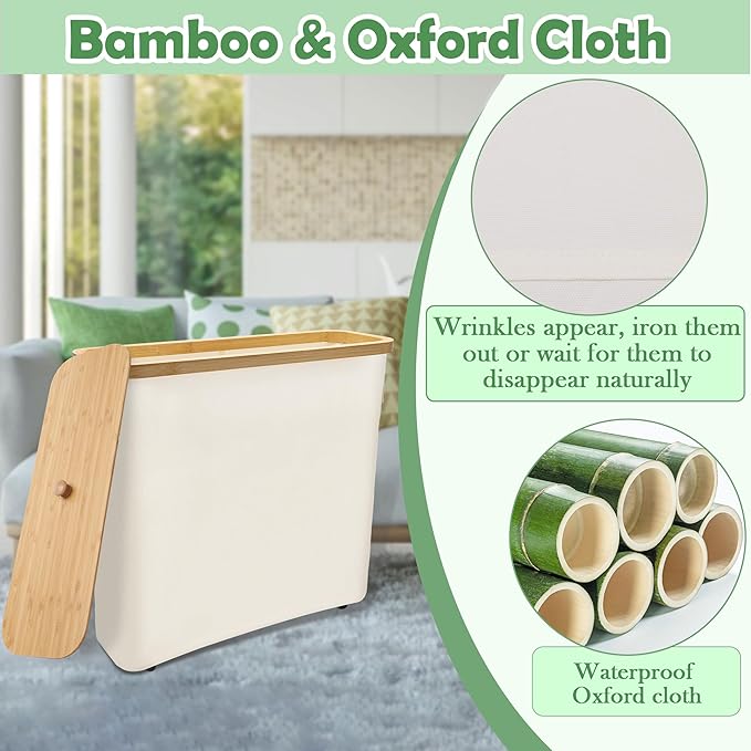 24L Toilet Paper Storage with Bamboo Lid and Anti Slip Foot Nail for 12-Roll Standard Toilet Paper Container Oxford Storage Holder with Handle Beige